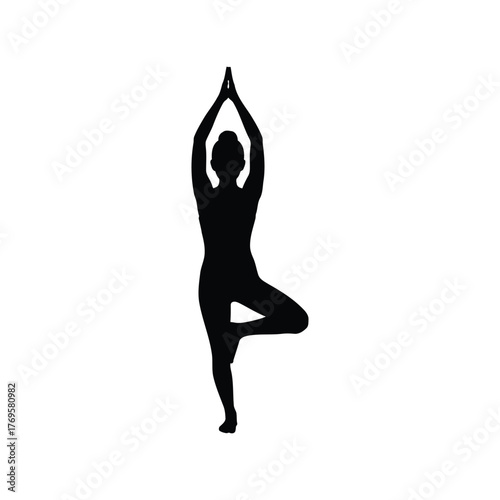 Silhouette of a woman performing a yoga tree pose with hands raised in prayer overhead serene balance isolated on white background
