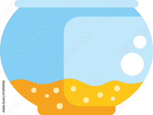 This vector illustration features a round empty fishbowl with water, bubbles, and a sandy bottom, perfect for pet shop or animal care projects