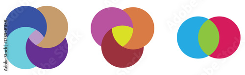 Modern isolated Venn diagram icons set on white background. Infographics vector flat diagram set on white page. 