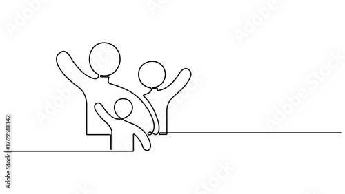 Continuous line vector illustration design of one family is walking. Front view of parents with their little kid holding hands and walking together black linear sketch isolated on white background.
