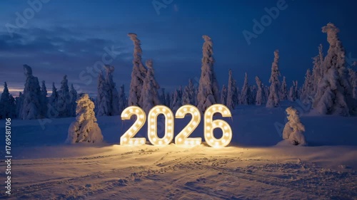 Glowing 2026 Marquee Numbers Illuminated in Snowy Winter Forest at Dusk Festive New Year