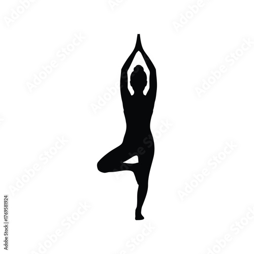 Silhouette of woman in tree pose yoga vrksasana balance meditation health wellness isolated on white background