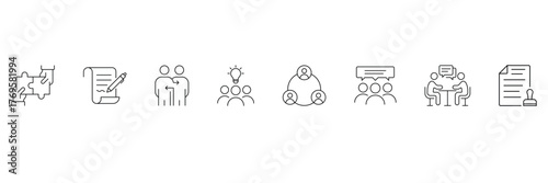 Puzzle partnership, agreement, collaboration, brainstorm, teamwork, group meeting, negotiation, document stamp icon vector illustration set