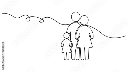 Continuous line vector illustration design of one family is walking. Front view of parents with their little kid holding hands and walking together black linear sketch isolated on white background.