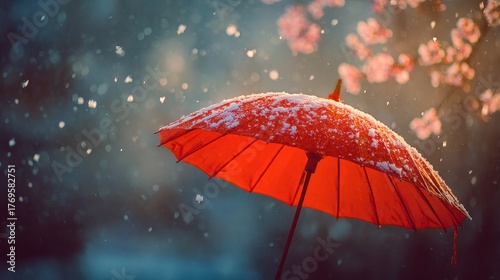 Dramatic Contrast of Umbrella and White Snowy Landscape