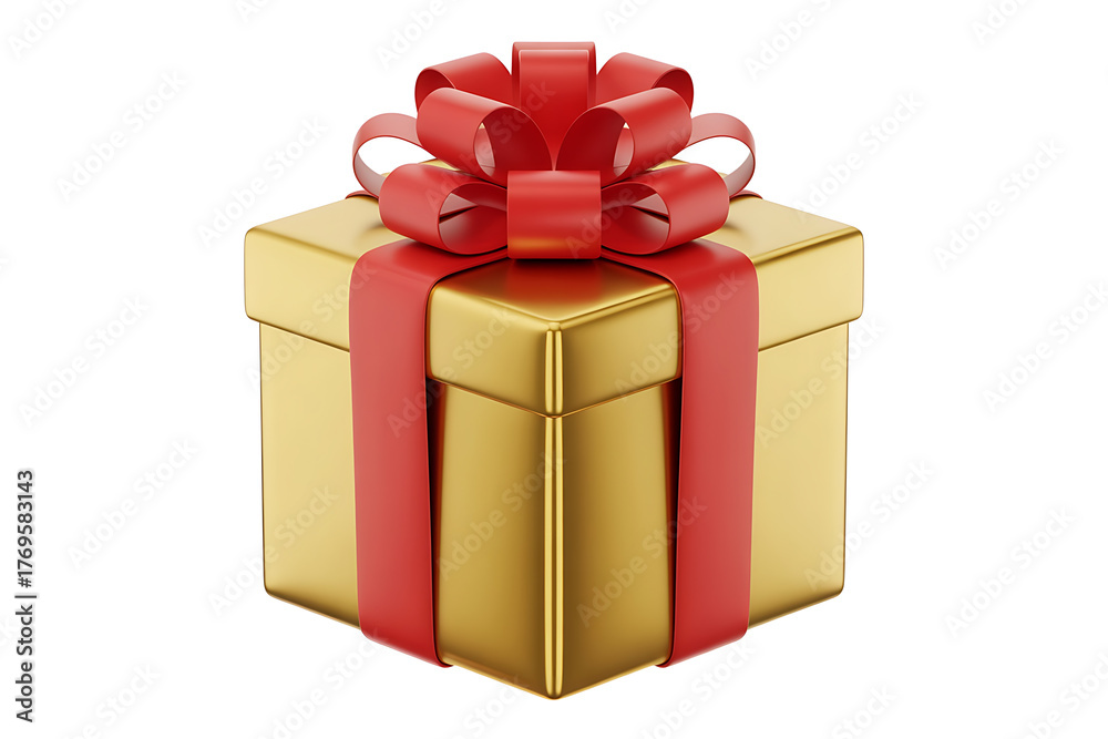 Obraz premium Golden box adorned with a vibrant red bow, conveying celebration and gift-giving joy.