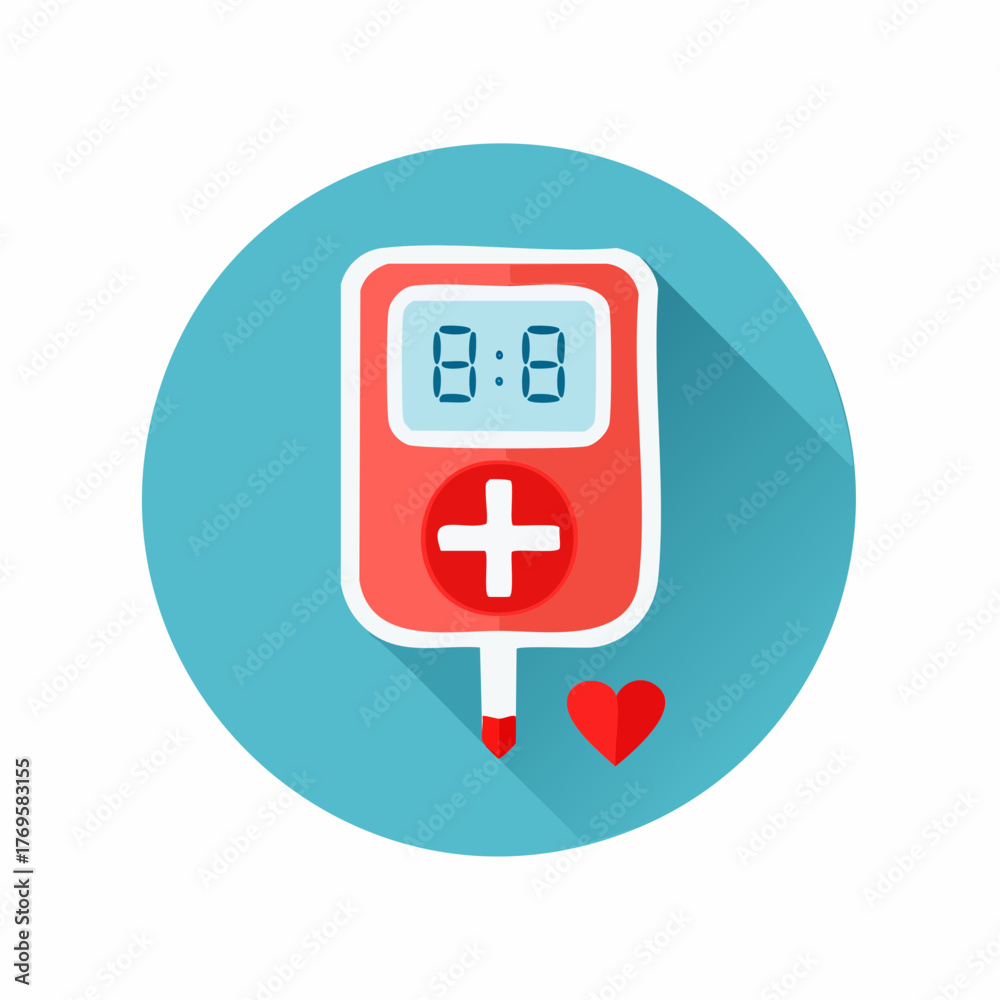 Obraz premium Flat design vector icon illustrating a blood sugar check device or glucose monitor with a heart symbol, perfect for medical, wellness, and healthcare application designs