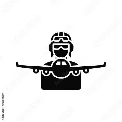 Stylized icon of a pilot in an airplane cockpit wearing a helmet and goggles ready for flight isolated on white background