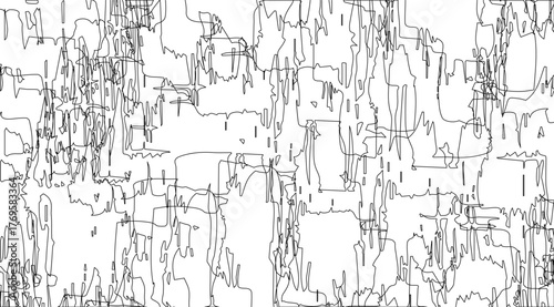 This captivating black and white abstract image features a complex network of sharp, uneven lines and shapes, creating a unique and intriguing design on a plain white background