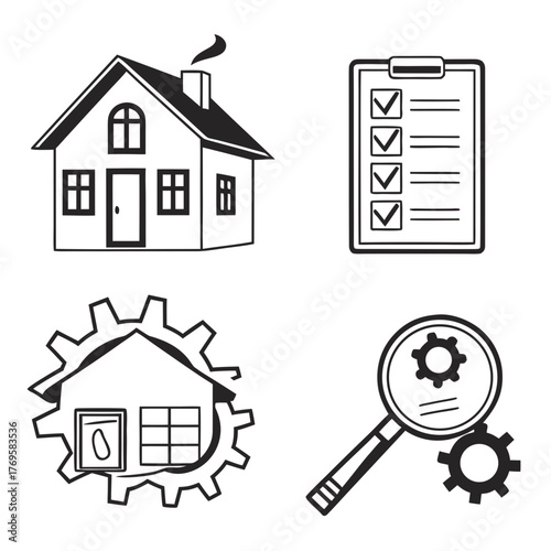 Set of four black and white icons representing house inspection checklist engineering and search for home improvement services