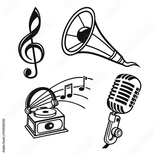 Collection of vintage music icons including a treble clef gramophone microphone and musical notes on a white background