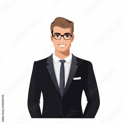 Professional businessman wearing glasses and a suit, confident and smiling, in a formal business setting on a white background