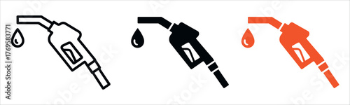PrintFuel pump nozzle icons vector illustration  with dripping fuel in black and orange represent gas stations, energy, transportation, and automotive industry needs