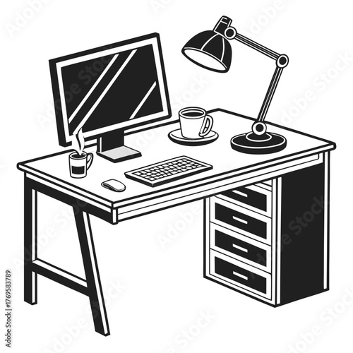 A black and white illustration of a modern desk setup featuring a computer monitor keyboard mouse and a desk lamp with two cups of coffee