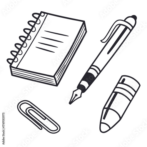 A simple hand drawn black and white illustration of a spiral notebook a fountain pen a pencil and a paperclip on a white background