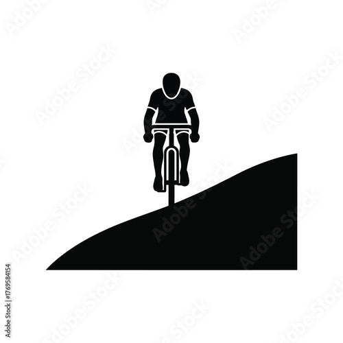 Silhouette of cyclist climbing a steep hill road during outdoor sports activity isolated on white background