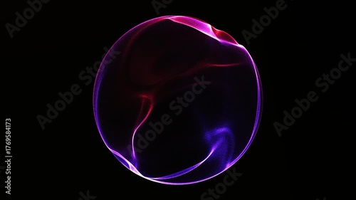 Glowing abstract sphere with purple and red digital plasma light waves on dark background. Energetic sci-fi orb with smooth neon trails and mysterious flowing motion in futuristic style.