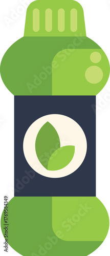 Green plastic bottle with leaf logo containing bio product for cleaning or fertilizing