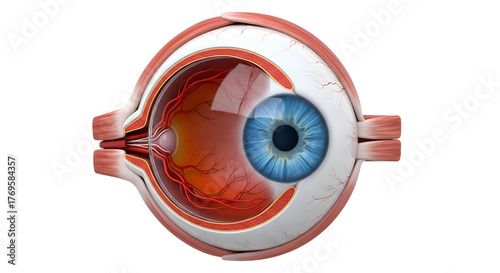 Detailed 3d anatomical illustration of a human eye with blue iris isolated on transparent background