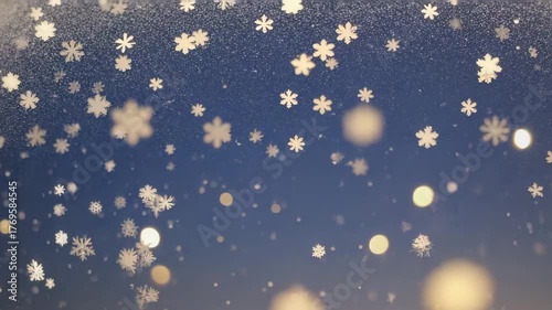 Gentle falling snowflakes with warm bokeh lights creating a magical winter atmosphere perfect for