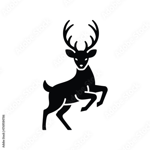 Majestic stag silhouette elegant antlers graceful pose standing wildlife icon simple vector art isolated on white background