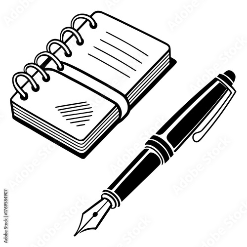 A stylized black and white illustration of a spiral bound notebook and a classic fountain pen on a white background