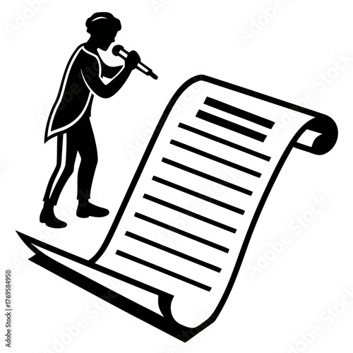 Silhouette of a person holding a microphone and standing next to a large scroll of paper with lines of text