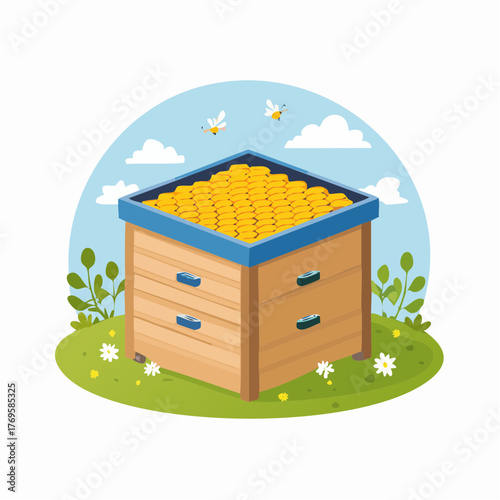 Cartoon beehive filled with golden honeycomb on a sunny summer meadow with flying bees. Beekeeping and honey production concept