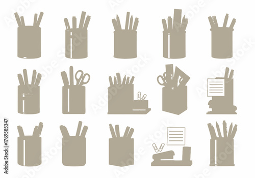 A collection of beige silhouette icons depicting various office and school stationery items and desk organizers.