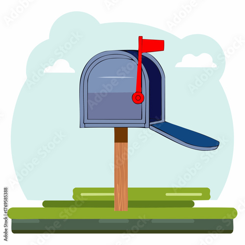 Vibrant vector illustration of an open residential mailbox with its red flag raised, symbolizing new mail, communication, and postal delivery services