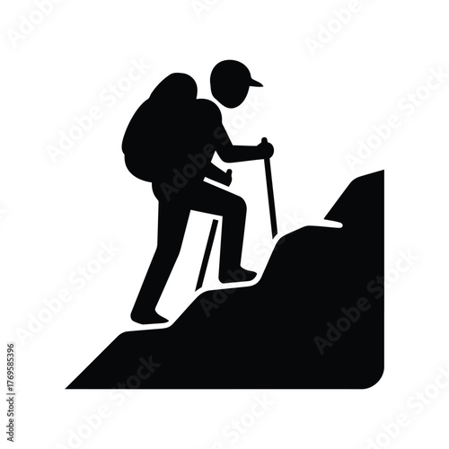 Silhouette hiker climbing mountain peak with backpack and trekking poles adventure journey isolated on white background