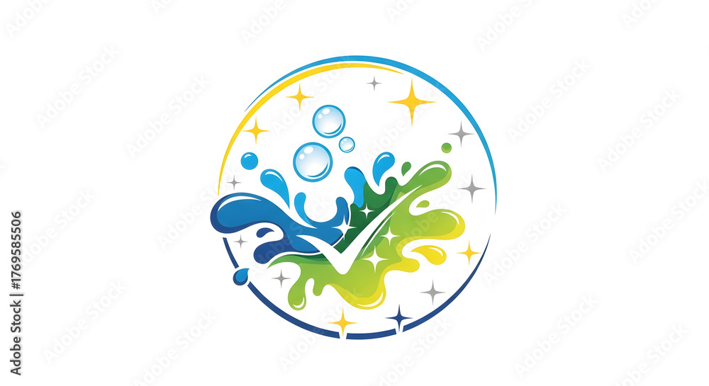 Fototapeta premium Cleaning service logo with water splash and check mark vector design for hygiene and sanitation isolated on white background