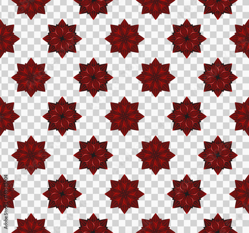 Seamless repeating pattern with bright red flowers, stars on a transparent background. Ideal for wallpapers, backdrops, textiles, packaging, and paper. Vector illustration.