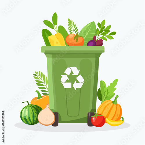 Organic waste and recycling bin concept with fresh fruits and vegetables