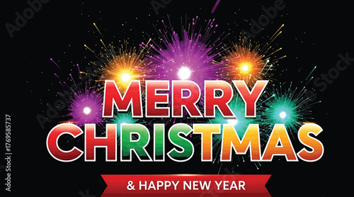 A vibrant merry christmas and happy new year illustration featuring colorful fireworks exploding against a, creating a festive and celebratory atmosphere for the holiday season