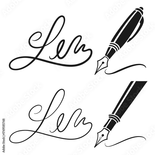 Elegant fountain pen writing a stylized signature or name in black ink on a white background