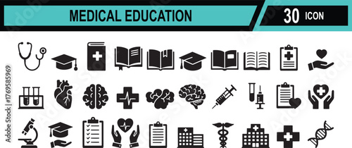 Modern medical education concept with abstract scientific and healthcare symbols in vibrant colors