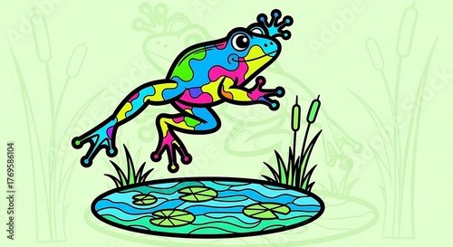 Colorful Frog Leaping Above Pond with Lily Pads and Cattails.