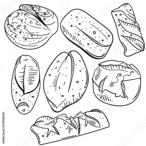 Set of bread vector illustration. Sketch with bread and bun, flour and wheat, loaf and bagel in hand drawn style.