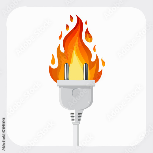 Electrical plug on fire, symbolizing danger, energy crisis, or a short circuit
