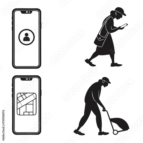 Silhouettes of people using smartphones for navigation and communication while on the go
