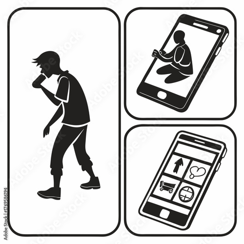 Silhouette of a person walking while looking at a smartphone screen with app icons and a video call