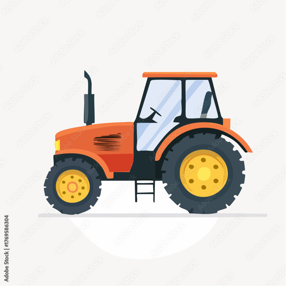 Obraz premium Vibrant orange agricultural tractor illustration, depicting modern farming equipment and heavy machinery for land cultivation, harvest, and rural transportation