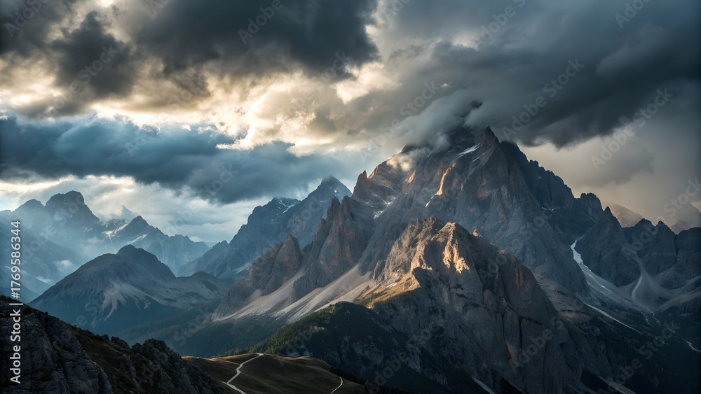 Fototapeta premium Dramatic mountain ridge with storm clouds above rugged peaks