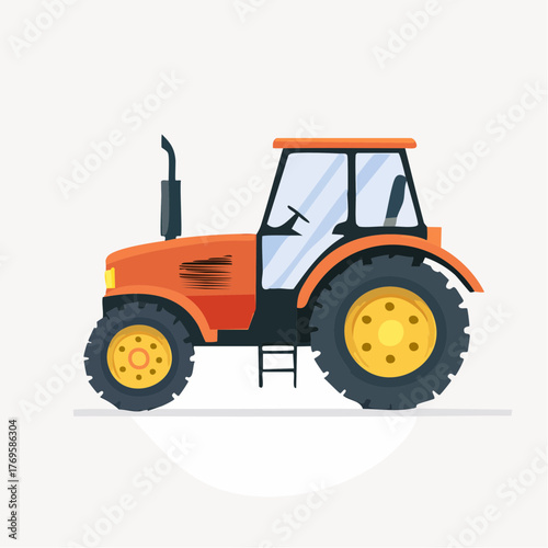 Vibrant orange agricultural tractor illustration, depicting modern farming equipment and heavy machinery for land cultivation, harvest, and rural transportation