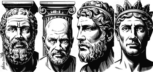 Ancient bust illustrations, classical sculpture art, Greek Roman philosophers, vintage engraving style, architectural column capitals, historical heritage, monochrome vector drawing