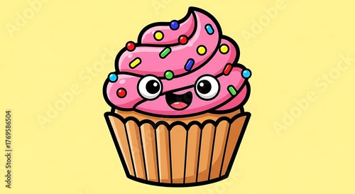 Cute Cupcake Cartoon Character with Sprinkles and Googly Eyes.