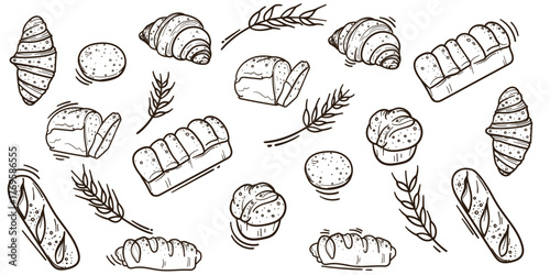 Vector pattern of Bread in doodle art design. set collection of bread for fast food campaign