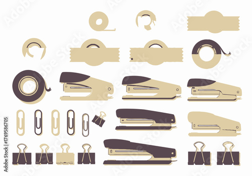 Office Supplies Staplers Tape and Clips in Beige and Purple Tones.