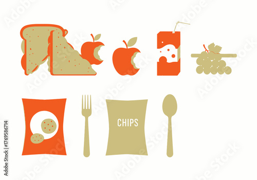 Orange and beige stylized icon set of various packed lunch food items and snacks.